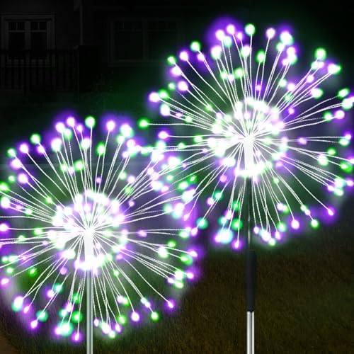 JJGoo Solar Firework Lights, 2 Pack 120 LEDs 2 Lighting Modes Solar Garden Lights Outdoor Waterproof for Yard Patio Walkway Pathway Party Wedding Christmas Decorative - Green and Purple