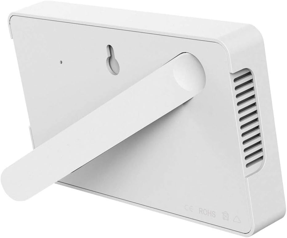 Back view of the Dntum weather clock showing the kickstand and wall-mount hole.