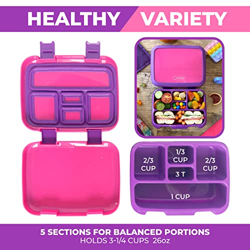 Image of kinsho Bento Lunch Box for Kids Toddlers Girls, 5 Portion Sections Secure Lid, Microwave Safe BPA Free Removable Tray, Pre-School Kid Daycare Lunches Snack Container Ages 3 to 5, Pink Purple