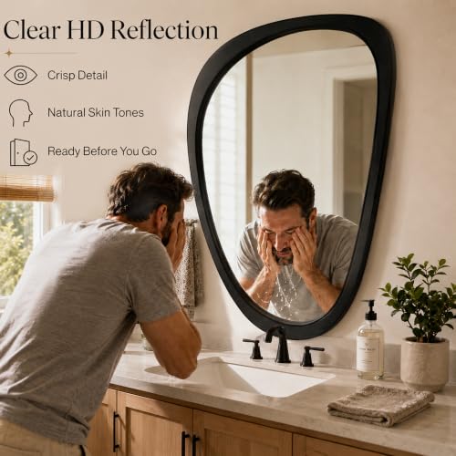 Image of Solid Wood 36x24 Matte Black Irregular Bathroom Vanity Wall Mirror | Matte black contrast suits modern and industrial bathrooms, over-sink vanities, powder rooms, guest baths, black fixtures.