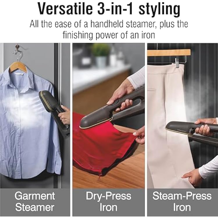 CHI SteamPress 3-in-1 Handheld Garment Steamer & Clamping Steam Iron, No Ironing Board Needed, 200ml Water Tank, 9 Minutes of Steaming, 25 Second Fast Heat-Up, 1500 Watts, 10 Cord, Black (11600)