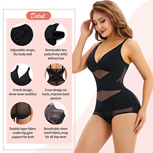 Reyeogo V Neck Bra Bodysuit Shapewear For Women Tummy Control Waist Trainer Full Body Shaper Butt Lifter Briefs Jumpsuit Tops (Black, X-Large) #TOP2