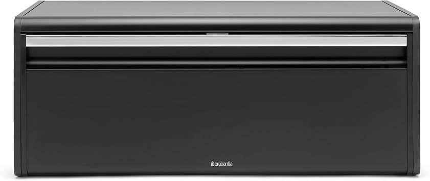 Brabantia Rectangular Fall Front Bread Box | Matt Black | Large Metal Front Opening Bread Store for Kitchen Countertop | Flat Top for Extra Storage, Magnet Closing Lid | Fits 2 Loaves