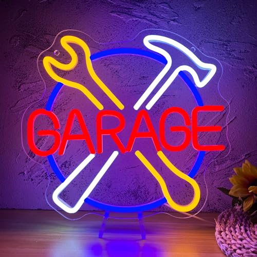 Garage Tool Neon Sign Wall Art - 13x11.8 Inch Dimming Garage Wrench Neon Light Sign USB-Powered LED Workshop Decor for Man Cave, Garage, Industrial Style Gifts for Dad Enthusiast Birthday