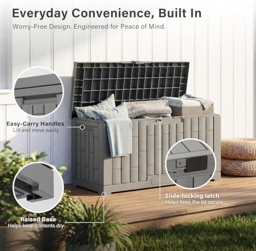Image of EAST OAK Outdoor Storage Box, 60 Gallon Deck Box Indoor and Outdoor Use, Waterproof Resin Storage Bin for Patio Cushions, Gardening Tools, Lockable, UV Resistant, Ash Grey