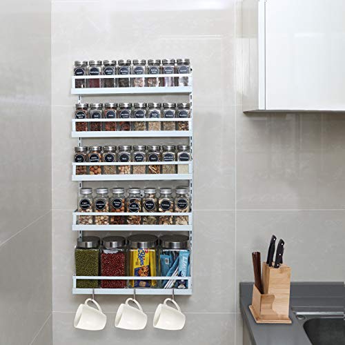 X-Cosrack Wall Mount Spice Rack Organizer 5 Tier Height-Adjustable Hanging Spice Shelf Storage For Kitchen Pantry Cabinet Door, Dual-Use Seasoning Holder Rack With Hooks, White #TOP1