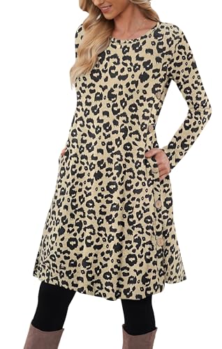 MOLERANI Pulloverkleid für Damen Langarm Kleid Damen Knopf Lässiges Tunikakleid mit Taschen Leopard S