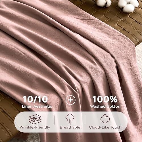 Image of JELLYMONI 100% Washed Cotton Duvet Cover King - Soft, Breathable Linen-Look Bedding with Natural Wrinkle Texture, Button Closure, 3-Piece Set (Darker Rose, 104 inchx90 inch)