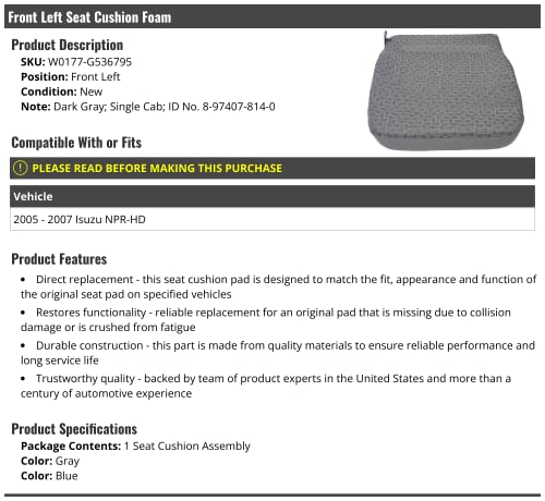 Marketplace Auto Parts - Front Left Driver Side Seat Cushion Foam - Gray - Compatible with 2005-2007 Isuzu NPR-HD Single Cab