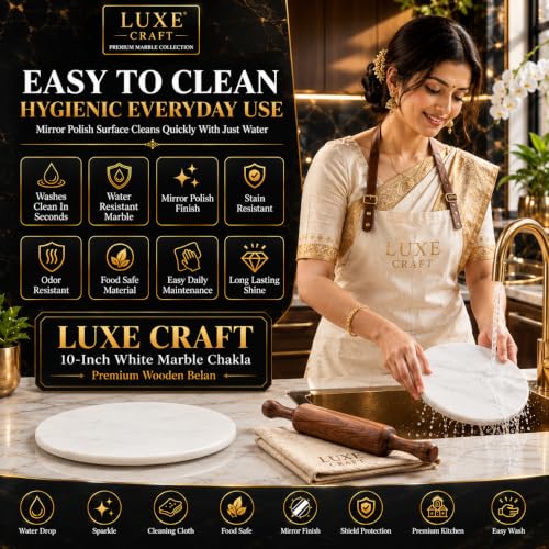 Image of Luxe Craft White Marble Chakla 10 Inch | Roti Chapati & Papad Rolling Board | Smooth Finish Stone Chakla | Heavy Duty Non Slip Dough Rolling Board for Kitchen Use