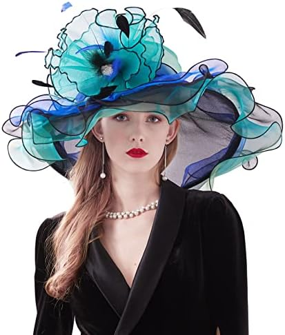 ELLYDOOR Women Derby Church Hat Organza Flower Wedding Tea Party Fascinator Hat Wide Brim Sun Hat 01-Blue Green