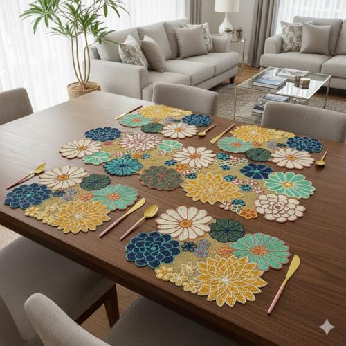 Image of E-EZRA Beaded Table Runner with 6 Mats (Size-13x36-Inch, Rectangular) | Stylish Dining Table Runners| Perfect for Home Decoration, Weddings, Diwali Gift & Special Events