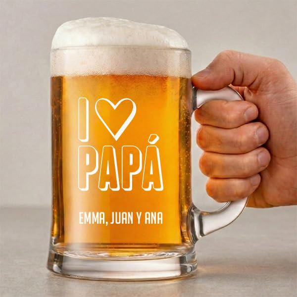 Transparent Gift Jarra de Cerveza I Love Papá con Texto Personalizado. Jarras de Cerveza Personalizadas. Regalos Originales para Hombres y Día del Padre. Regalos Novios, Padres, Padrinos y Abuelos.