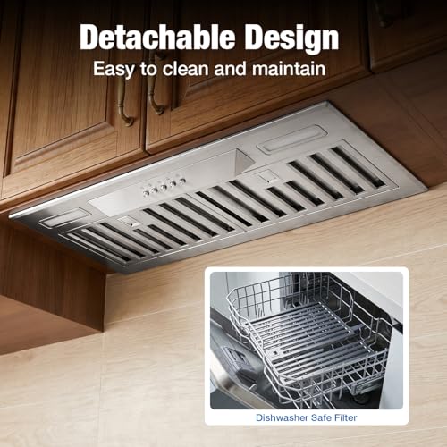 Image of Range Hood Insert 30 Inch, Built-in 900 CFM Kitchen Hood | Stainless Steel Vent Hood, Ducted /Ductless Convertible, 40 Elevated Screen & Square LED Lights
