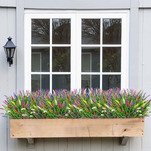 Image of Bassion 24 Bundles Fake Lavender Artificial Flowers for Outdoors, Mixed | UV resistant, plastic lavender with monkey grass, faux plants, home porch garden window box outdoor indoor decorations