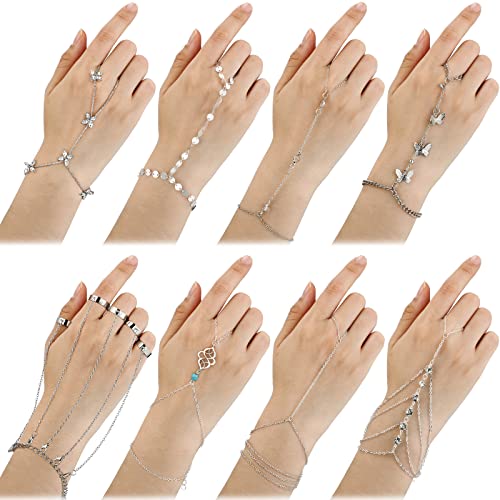 8 Pieces Hand Chain Set Ring Bracelet Ring Hand Chain Crystal Finger Chain Bracelet Bohemian Hand Jewelry for Women Valentine's Gifts