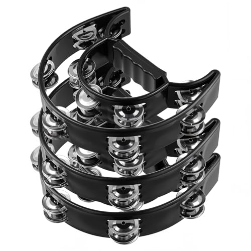 ZOENHOU 3 Stücke Tamburin Kunststoff mit 20 Paar Metall-Schellen, Halbmond Form Schellenring mit Handgriff, Zweireihiges Percussion Instrument für Party, KTV und Bar, Schwarz