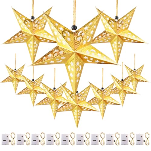10 Pcs Christmas Paper Star Lantern Lampshade 3D Paper Star Hanging Decoration Light Lanterns with 20 LED Party Light for Xmas Independence Day Home Decor(Gold)