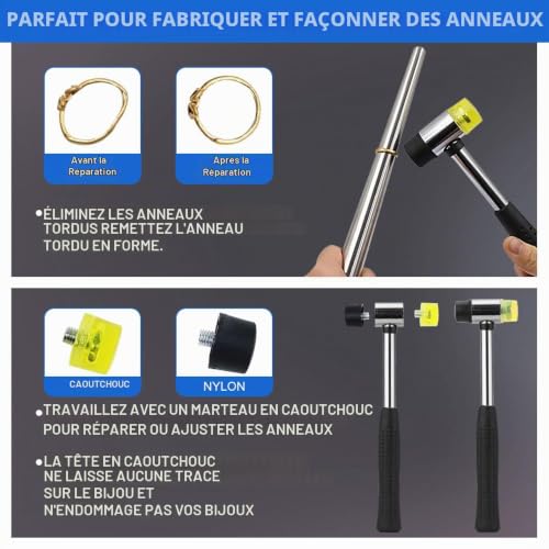 Lot de 9 Outils de Mesure de bague avec mandrin en métal, baguette en métal, maillet en caoutchouc, outil à gratter en agate, baguettes de polissage, chiffon de polissage, sac de rangement – vue 3
