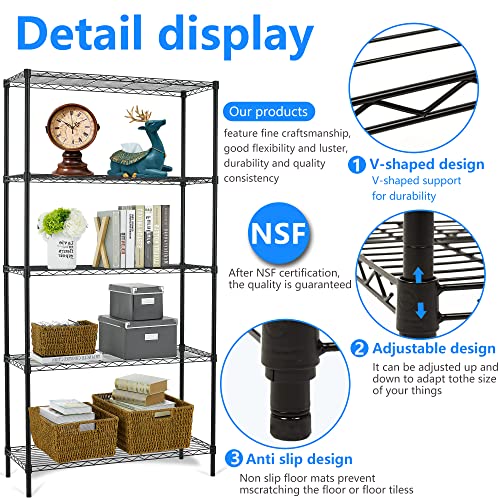 Vnewone 5-Tier Storage Shelves Large Wire Shelving Unit NSF Metal Garage 72”x36”x14” 1250 LBS Capacity Heavy Duty Height Adjustable Commercial Grade Utility Steel Rack with Wheels,Black, 1250LBs