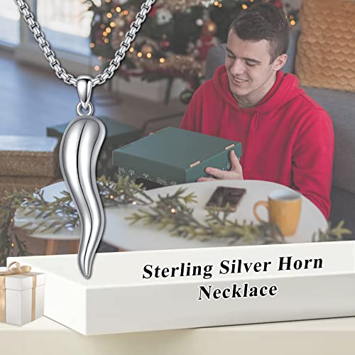 Kxj S925 Sterling Silver Lucky Italian Horn Pendant Necklace For Men Women Protection Amulet Jewelry Cornicello Talisman Necklace Jewelry Gifts For Dad Boys Son Boyfriend Birthday Graduation Anniversary #TOP1
