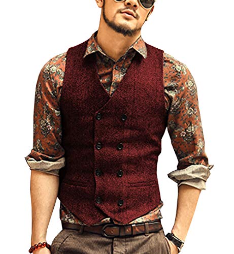 JinXuanYa Gilet Costume Tweed Croisé Retro Hommes Laine sans Manches Bourgogne M Coupe Régulière Col en V sans Col Tailleur élégant Gar?ons d'honneur de Mariage de Bal Cover