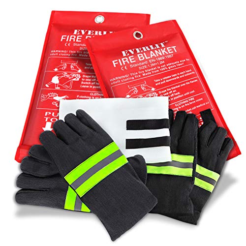 EVERLIT [2-Pack] Fire Blanket Size XL 47''x47'' Fire Suppression Emergency Blanket w/Heat Resistant Gloves w/Reflective Strap for Kitchen, Camping, Grilling