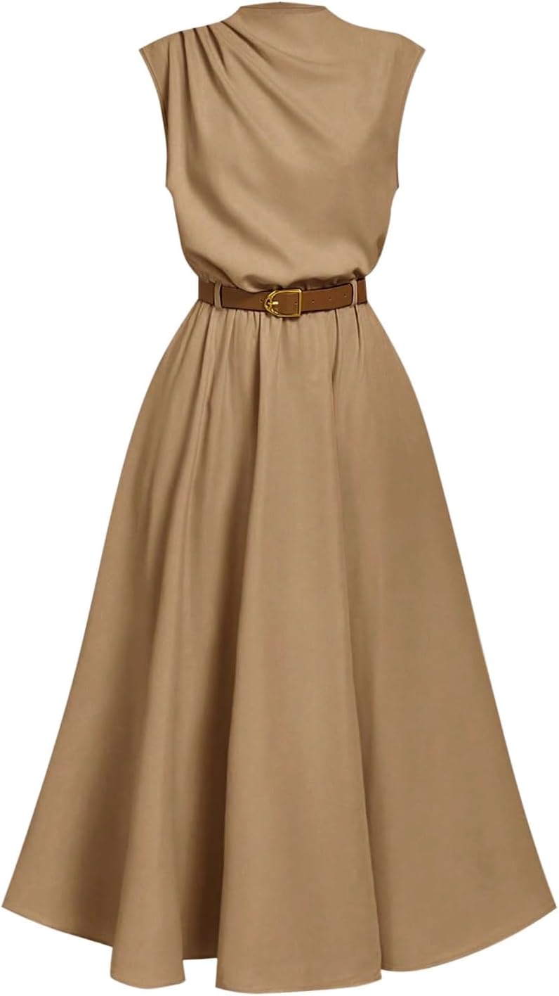 OYOANGLE Women's Mock Neck Ruched Belted Dress Button Back Elegant Flared Sleeveless A Line Long Dress