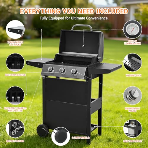 Image of EUHOME Stainless Steel 3-Burner Gas Grill, 25650 BTU Outdoor BBQ Grill with Side Table, 338 sq.in Cooking Area, Perfect for Patio, Deck & Family Barbecues