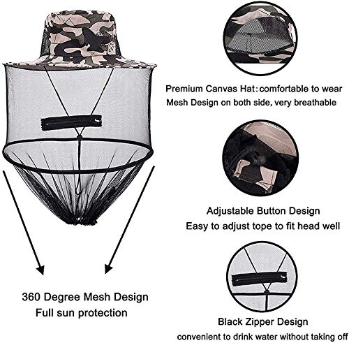 VIPITH 2 Pack Head Net Hat, Sun Hat Bucket Hat Fishing Hat with Hidden Net Mesh for Outdoor Lover Fishing Hiking Gardening Beekeeping Men or Women ArmyGreen