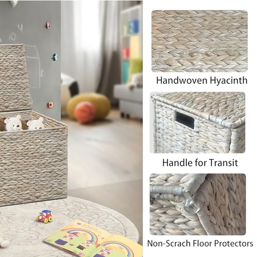MOORLITER Water Hyacinth Storage Basket with Lid, 17.2 Gallon (65L) Wicker Storage Trunk with Handles, Handwoven Wicker Storage Bin for Blanket, Foldable, for Living Room, Laundry Room, White by MOORLITER - Image 6