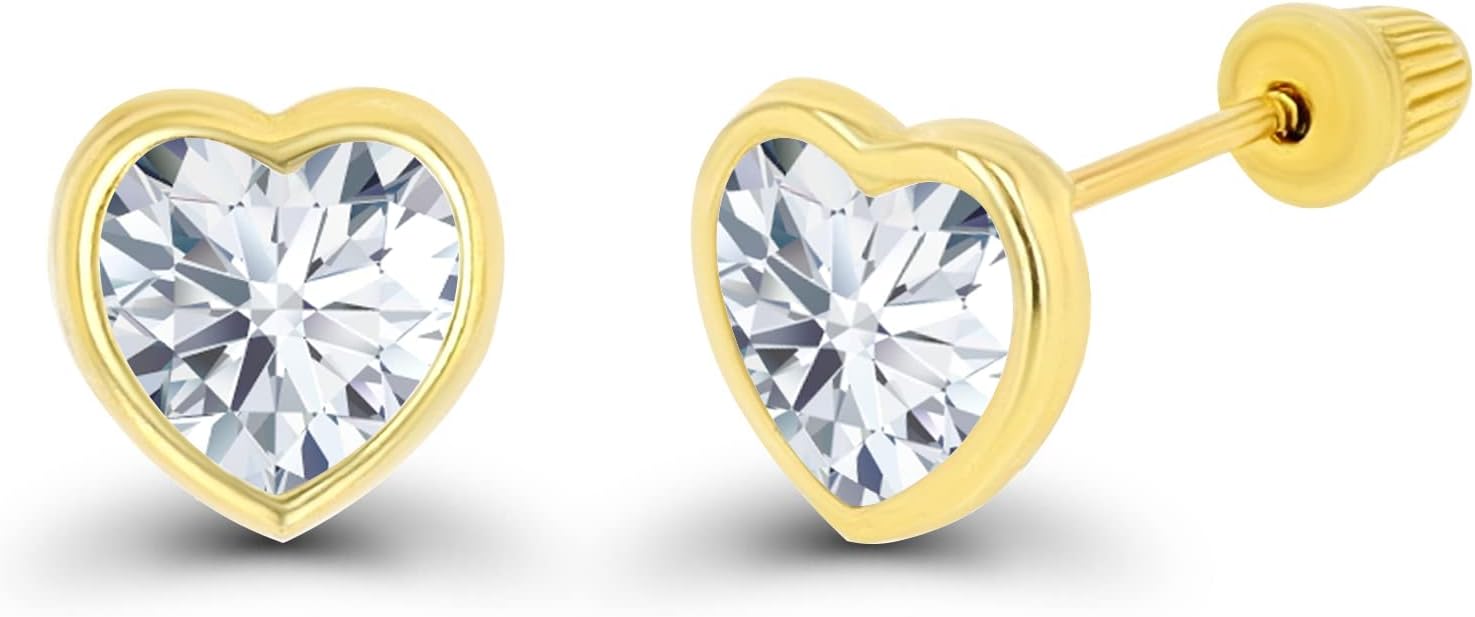 DECADENCE 14K Yellow Solid Gold Diamond Cut 6mm Heart Bezel Stud Earrings | Yellow Gold | 6x6mm | Stud Earrings | Heart Bezel | Solid Gold | 2 Count | 2.5 cttw | Cubic Zirconia