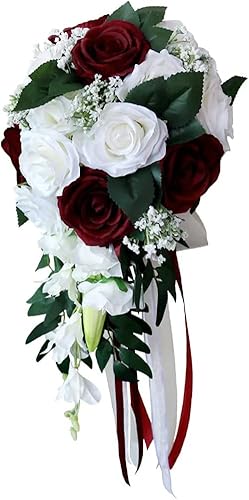 Ramo de rosas artificiales para boda, hogar, vacaciones, fiesta, suministros - blanco + rojo vino