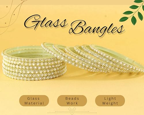 Image of NMII Glass Golden Beads & Pearls Moti Work Designer Bangles Set For Women & Girls | Kanch ki Chudi Set | Girl's Bangles Bracelet | Glass Bangles | Daily, Wedding, Party, Fashion Jewellery- Set of 12