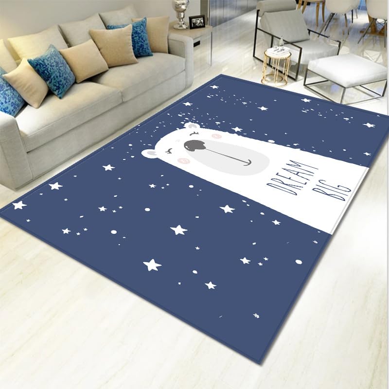 Tapis poil ras bleu foncé lavable en machine et antidérapant pour salon