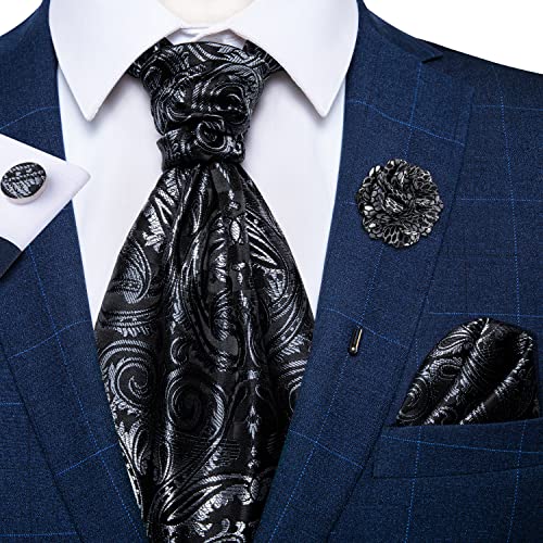 Image of DiBanGu Mens Silk Ascot Ties Paisley Jacquard Woven Cravat and Pocket Square Cufflinks with Lapel Pin for Business Wedding