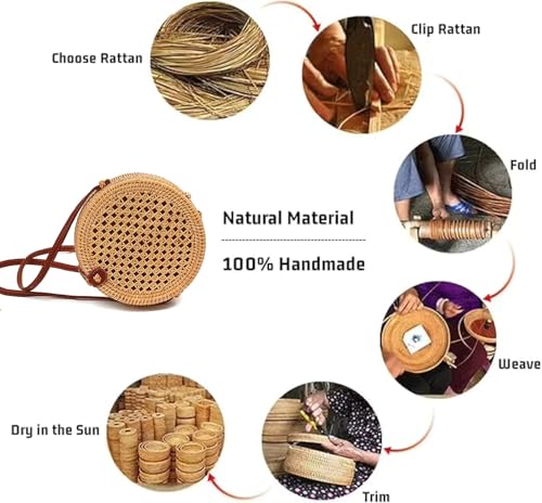Handwoven Round Rattan Bag with Leather Strap – Boho Wicker Straw Crossbody Purse for Women, Gift for Beach & Holidays2