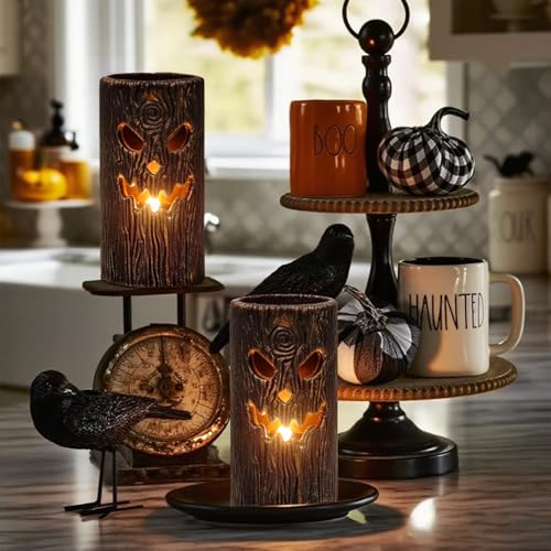 Image of Halloween Flameless Candles, 2PCS Ghost Tree Carved Pillar Candles