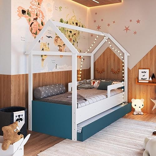 Cama Infantil Montessoriana com Cama Auxiliar Branco/azul Secreto