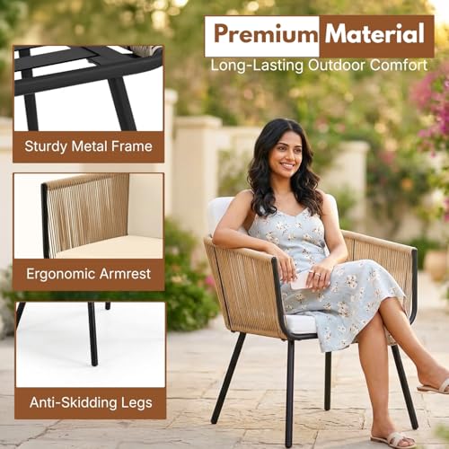 Image of DEVOKO Patio 3 Pieces Porch Backyard Garden Outdoor Rope Chairs with Weather Resistant Cushions and Glass Top Table Conversation Set (Beige and White)