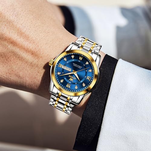OLEVS Watches for Men Blue Face Classy Stainless Steel Watches for Men Roman Numerals Quartz Large Wrist Men's Diamond Watch Day Date Casual Analog Dress Man Waterproof Watch Easy Read Reloj Hombre — view 3
