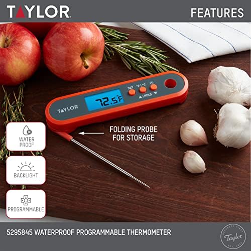Taylor Digital Waterproof Meat Thermometer for GLP-1 High Protein Meal Prep – Folding Probe for Chicken, Salmon, Steak – Programmable Presets, Backlit Display for Oven, Grill, Orange - 1