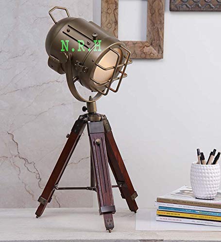 Hollywood Treppiede Lampada da Tavolo Studio Spot Light Base in Legno Finitura Antico