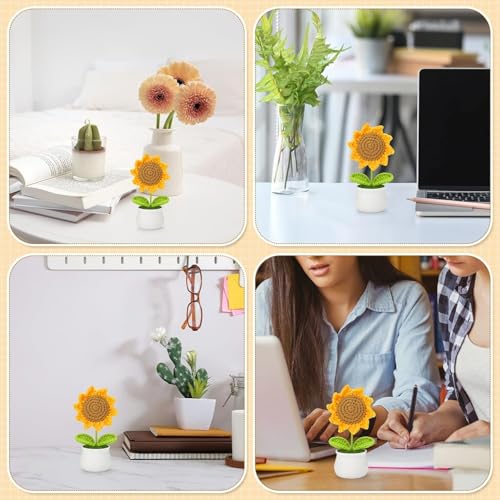 Image of Artificial Crochet Flower Bouquet Handmade Cotton Flowers Bunch for Home Decor, Gift for Girls, Wedding, Festival Decoration, Long Lasting Floral Arrangement (Sunflower Pot)