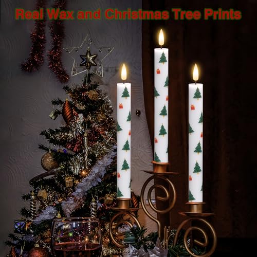 Image of GenSwin Christmas Flameless Taper Candles, 4 Pack Christmas Tree Candles with Remote Timer, Real Wax Flickering LED Flameless Candlesticks Battery Operated with Decals for Home Decor(0.75 inch x 9.65 inch)