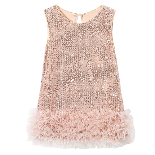 Generisch Vestido de malla para niña, elegante vestido de fiesta, conjunto de tutú con detalles de brillo, vestido de moda para niña pequeña, Oro Rosa, 6 7 años