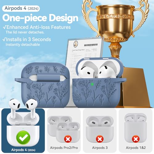 Image of for Airpods 4 Case with Magnetic Lid, Ekoonpft Flower Engraved Cases for Apple AirPods 4th Generation 2024, Soft Silicone Cover for Women Girly with Cleaning Kit & Keychain, Shockproof