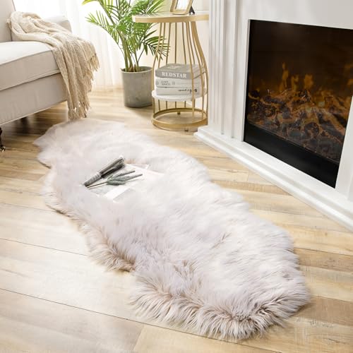 Ashler faux fur rug, Fluffy Shaggy Area Rug Ultra Soft 2 x 6 Feet Sheepskin Fur Rug, Frosted Bottom Beige Fuzzy Rug Machine Washable Shag Rug, Nursery Decor Throw Rugs for Bedroom, Living Room