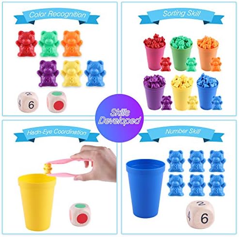 Miumiu Rainbow Counting Bears, 71pcs Colorful Counting Bears Set with Matching Sorting Cups, Bear Counters and Dice Math Toddler Games Montessori Rainbow Matching Game Educational Color Sorting Toys