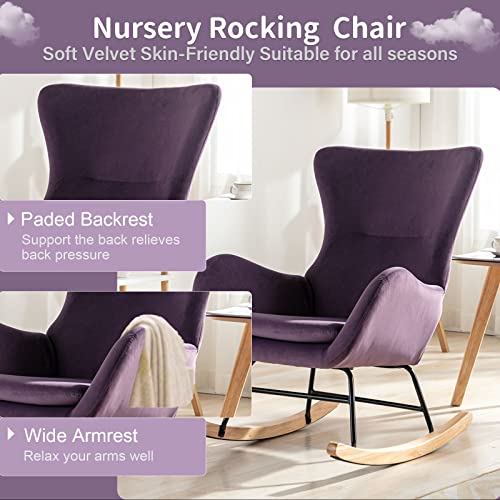 Letesa Nursery Rocking Chair Upholstered With High Backrest And Armrest Accent Chair Velvet Padded Seat Armchair Single Sofa Accent Glider Rocker For Living Room Bedroom Offices (Purple) #TOP1